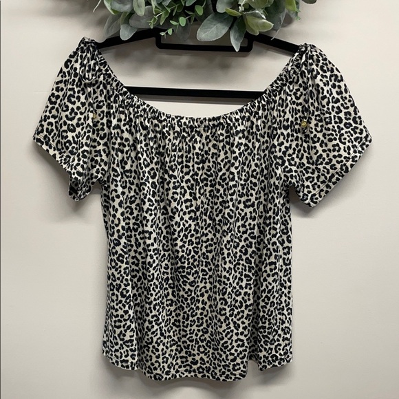 NWOT MICHAEL Michael Kors Short Sleeve Off The Shoulder Leopard Print Blouse L - Picture 1 of 13